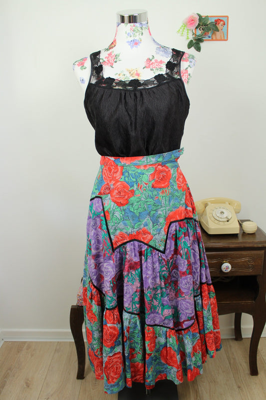 🌸🍒Jupe vintage 80/90's à volants patchwork floral bohème romantique colorée - Taille 32/34🍒🌸