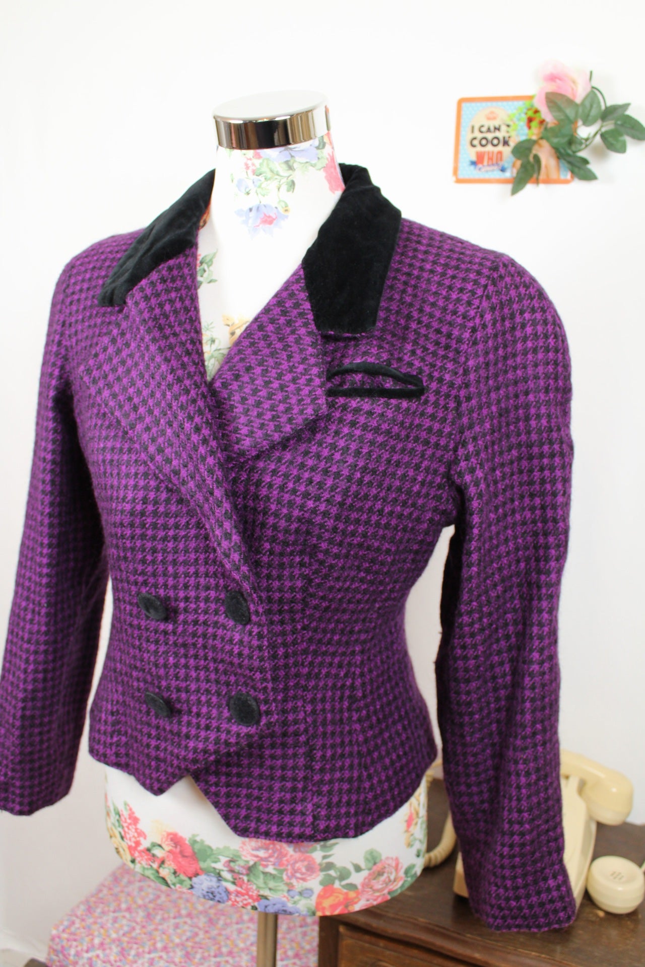 🌸🍒Veste vintage 80's pure laine pieds de poule violette & velours noir - Made in Italy - Taille 38🍒🌸