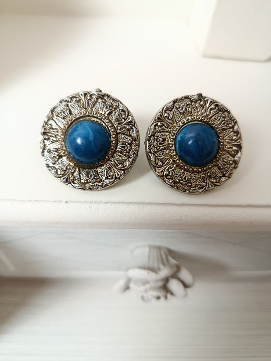 🌸Boucles d'oreilles vintage clips argentés 80's - cabochon bleu marbré🍒