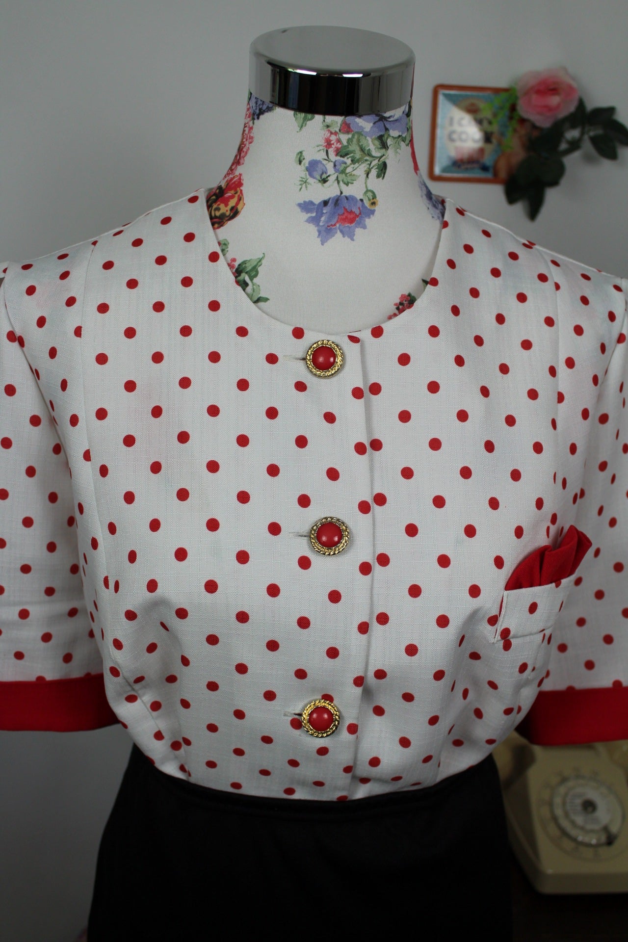 🌸🍒Blouse vintage 80's esprit tailleur pin-up rockabilly - pois & boutons bijoux - Taille 44🍒🌸