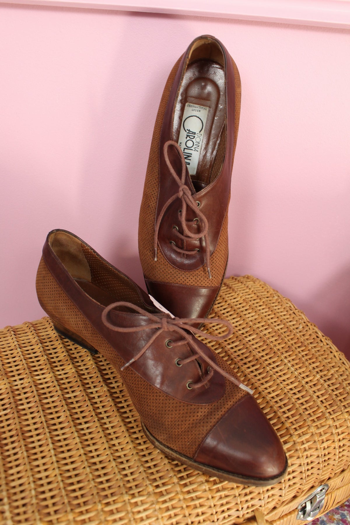 Derbies vintage années 80 marron tout cuir & petit talon bottier - pointure 40