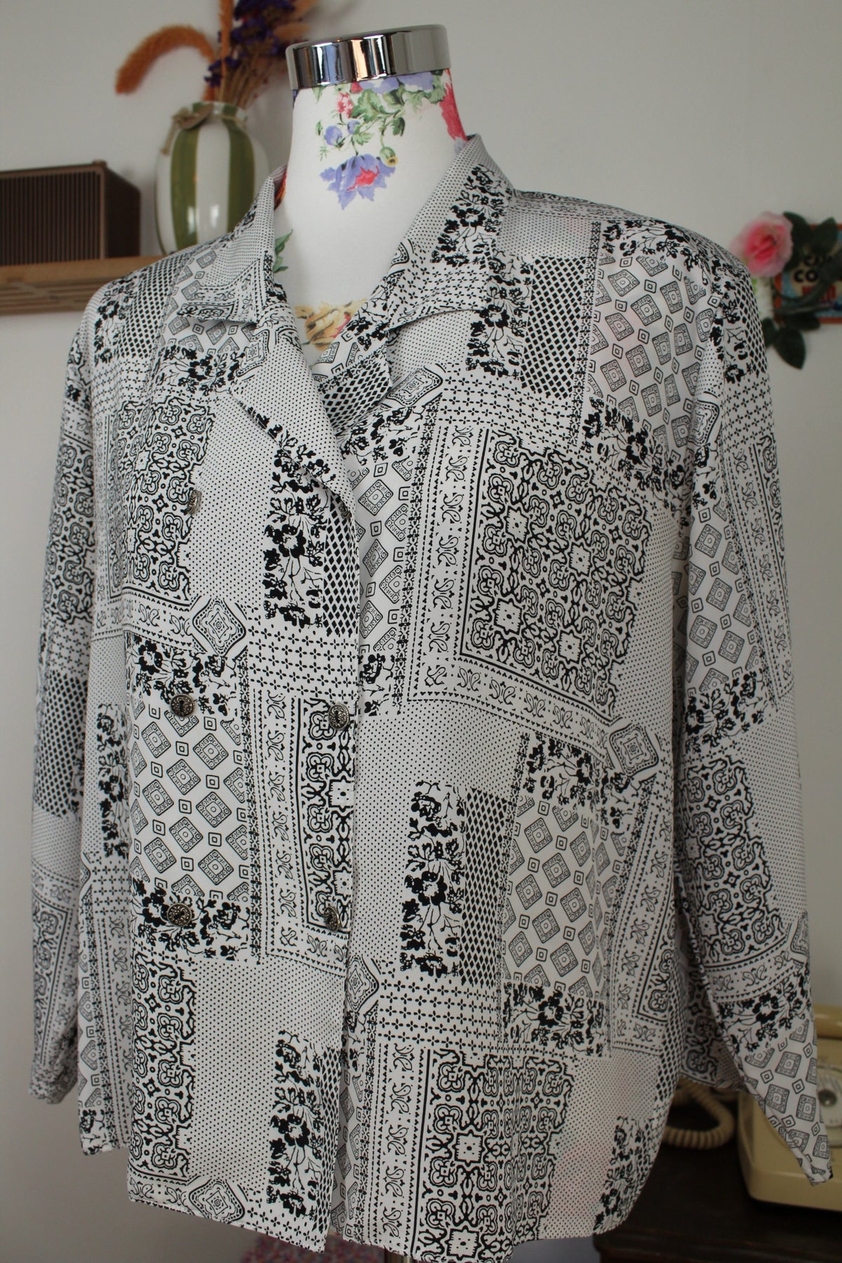 Chemise preppy vintage années 80 pois, fleurs & paisley - Taille 42/44