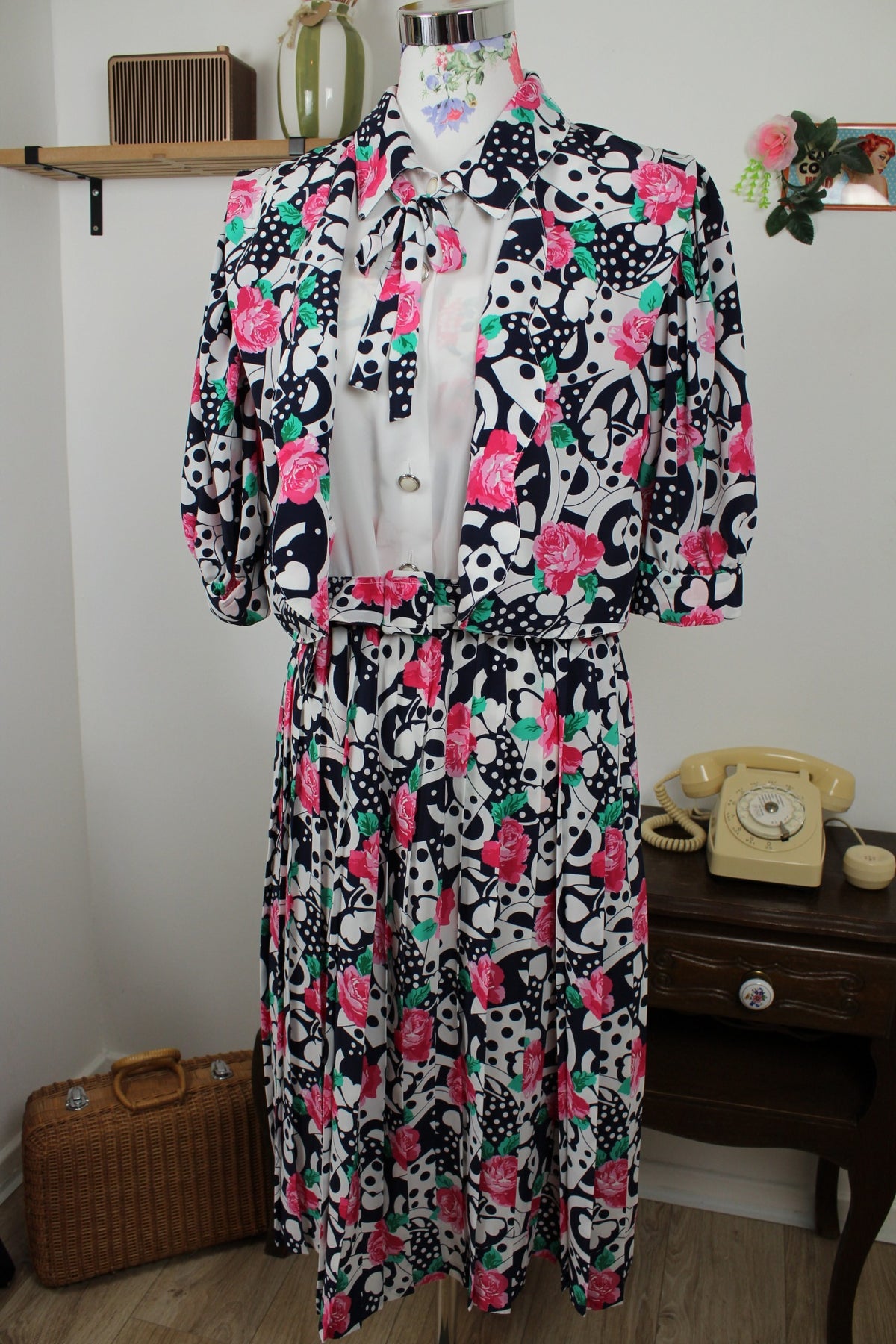 Robe vintage années 80 roses, pois & trèfles - boléro inclus - Taille 46/48