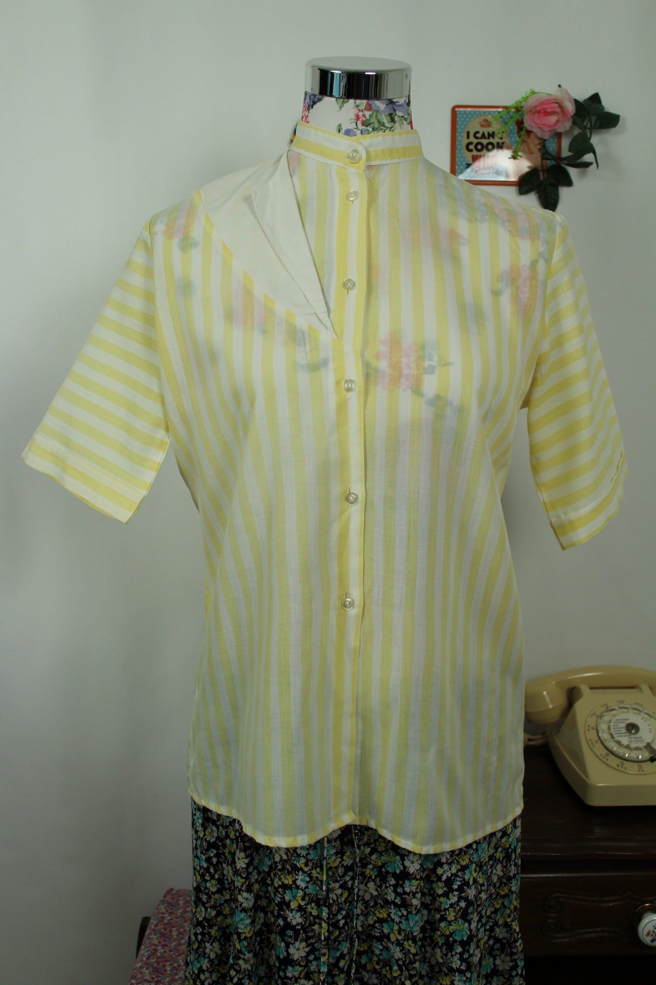 🌸🍒Chemisier jaune rayé vintage 80's col officier - T.38 ou petit 40🍒🌸