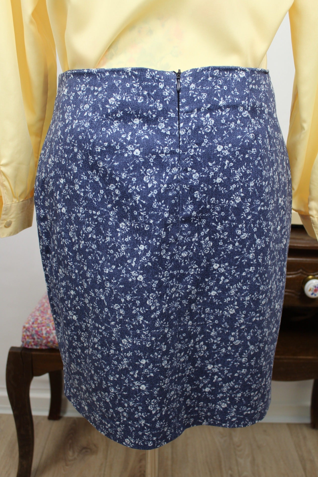 🌸🍒Jupe vintage 90's Nina Kalio en denim effet fleuri liberty - Taille 40🍒🌸
