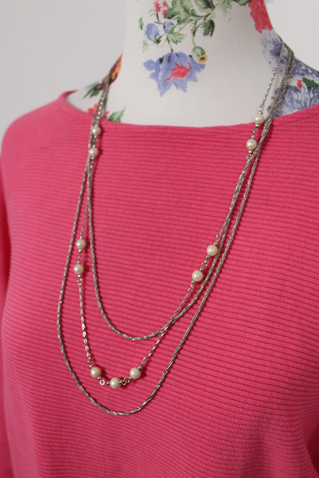 🌸🍒Collier long multi-rangs argenté & perles nacrées - années 90🌸🍒