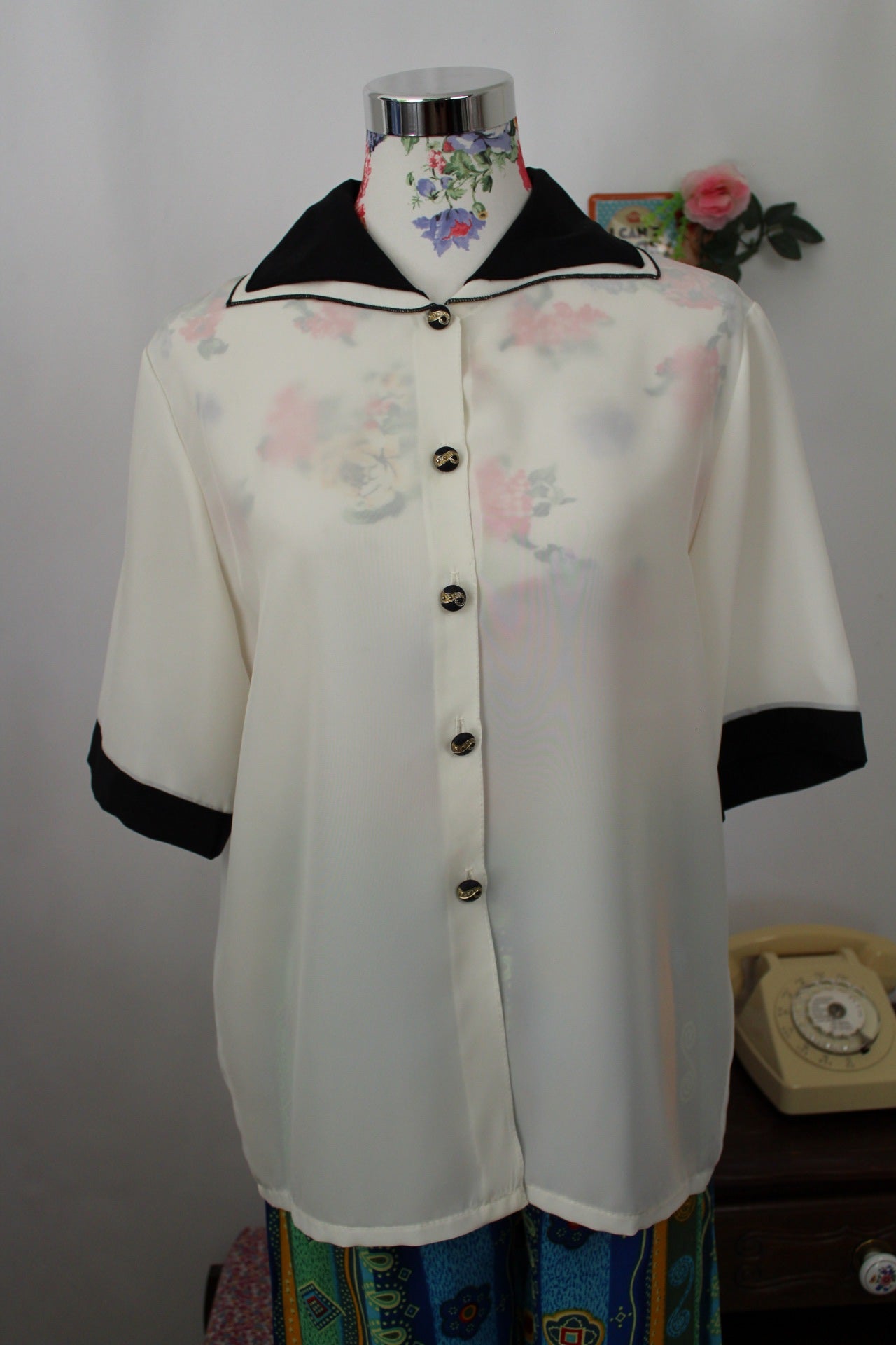 🌸🍒Chemise vintage Navy 80's col contrasté esprit marin - Taille 40/42🍒🌸