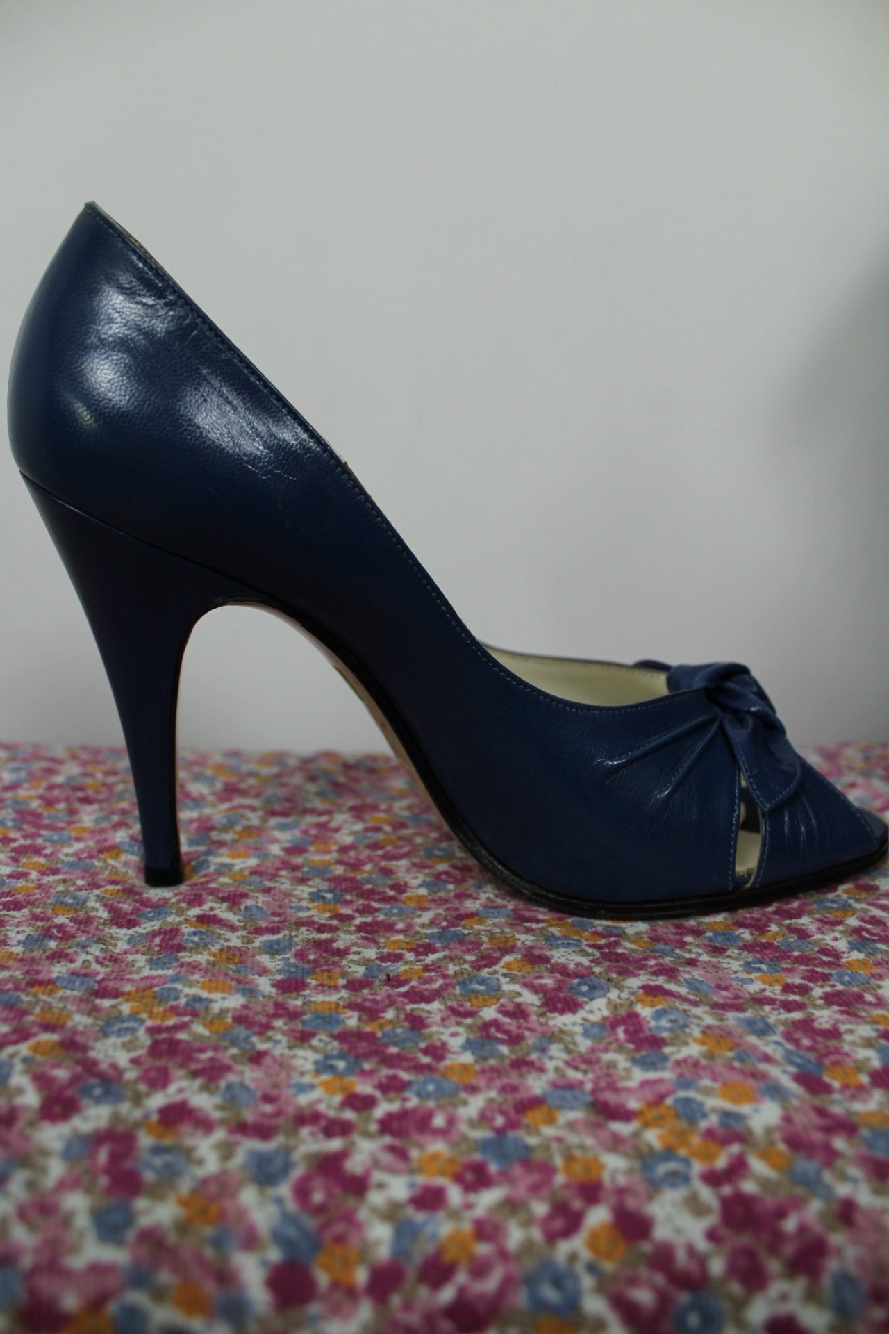 🌸🍒Escarpins vintage 80/90's bleu bout ouvert peep toe & nœud - cuir véritable - pointure 38🍒🌸