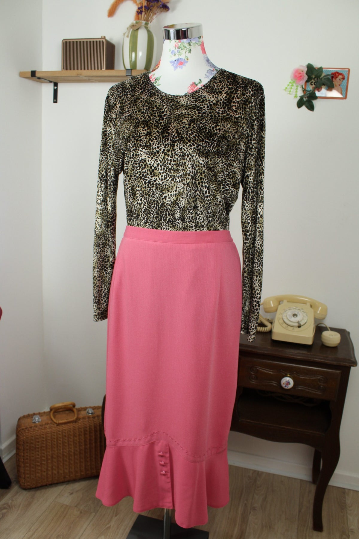 Jupe longue vintage années 80/90 Caty Jane - rose poudré, broderies & boutons - Taille 40/42