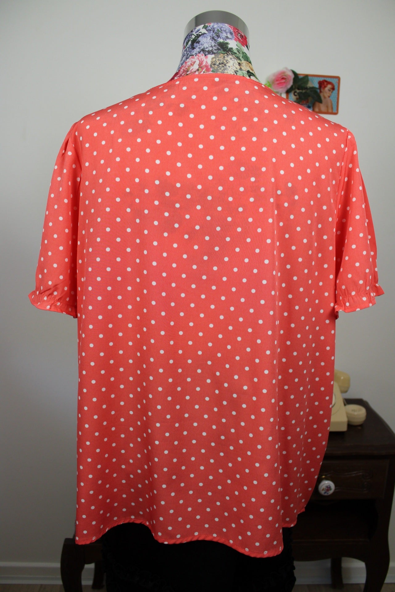 🌸🍒Blouse style rockabilly/pin-up rose corail à pois - Taille 44🍒🌸