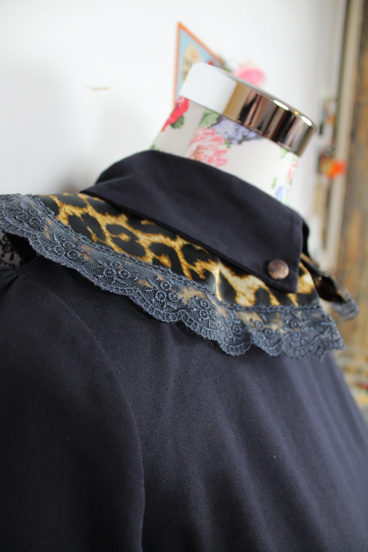 🌸Robe noire longue vintage 80's - empiècements léopard & dentelle - couture chic🍒
