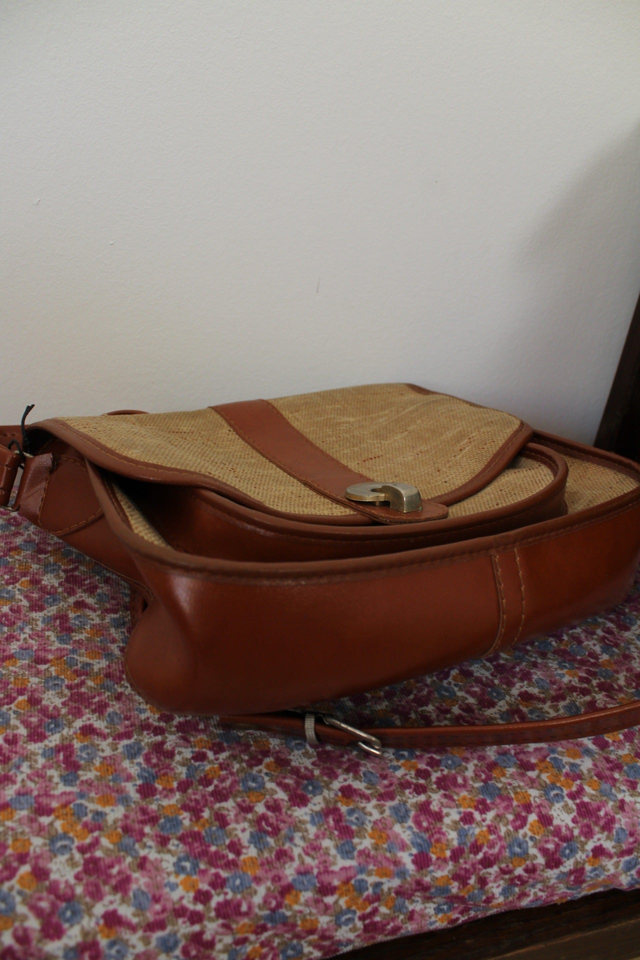 🌸🍒Sac vintage années 70/80 bi-matière toile + cuir camel🍒🌸