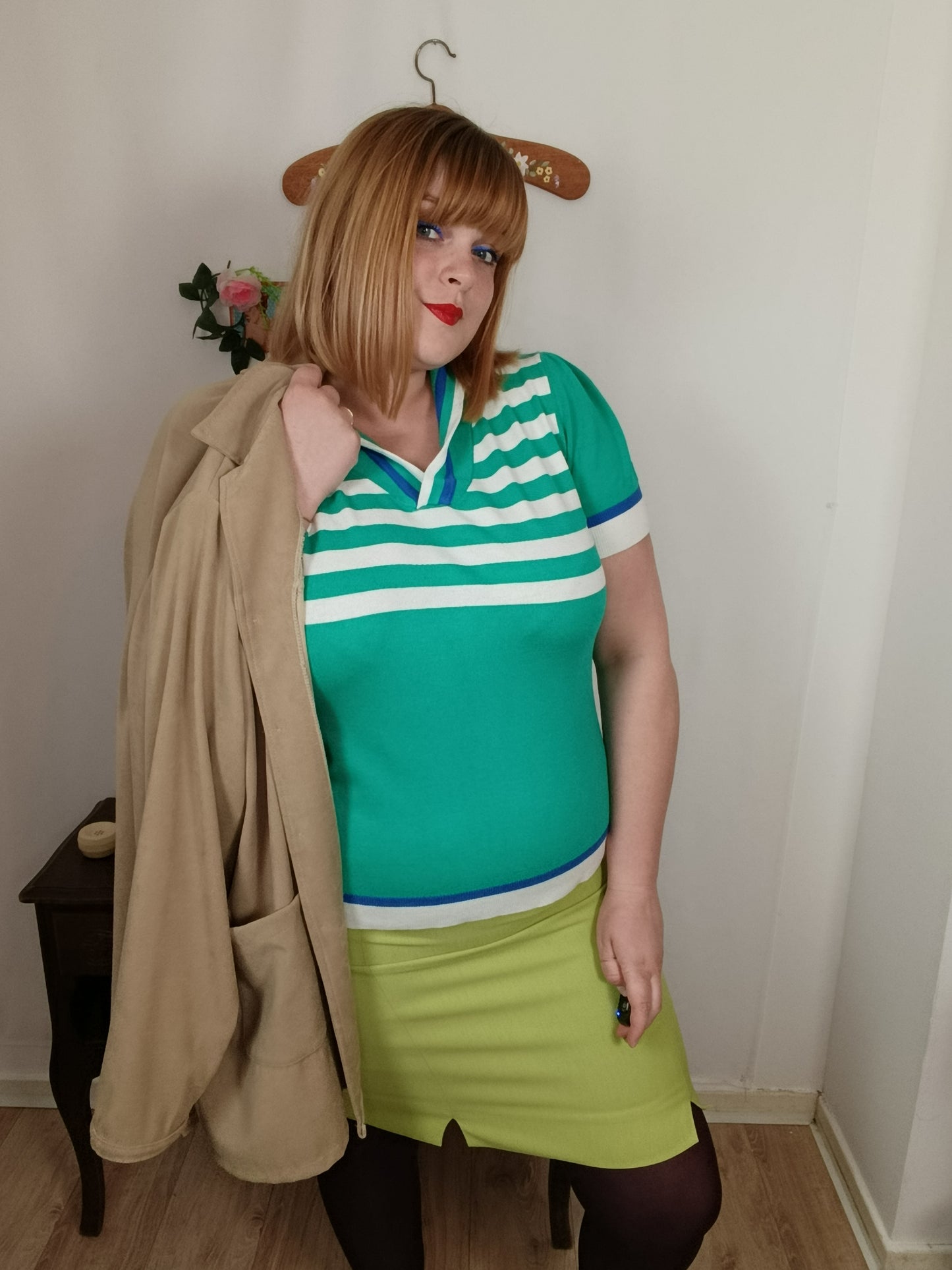 🍒🌸Polo rétro 80's rayé vert & blanc - Julie Guerlande - Taille 40/42🌸🍒