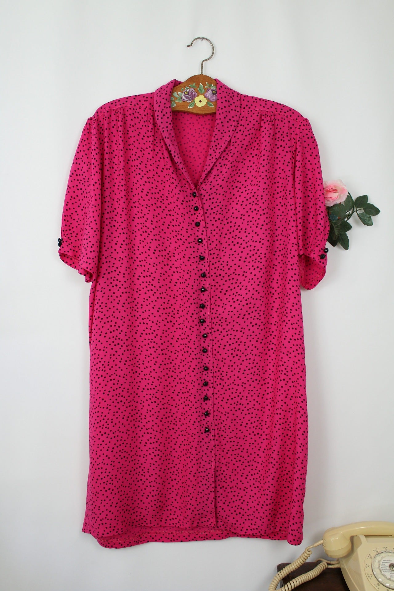 🌸🍒Robe vintage 80's rose pep's et pois style pin-up/rockabilly 50's - Taille 42/44🍒🌸