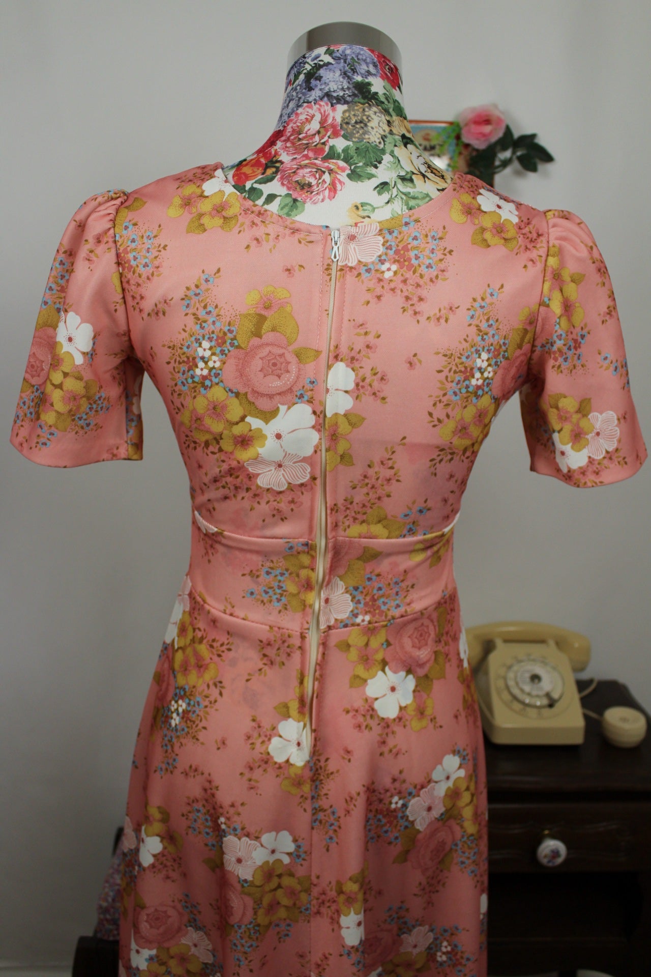 🌸🍒Robe longue vintage 70's bohème romantique rose poudrée fleurie - Taille 34/36🍒🌸