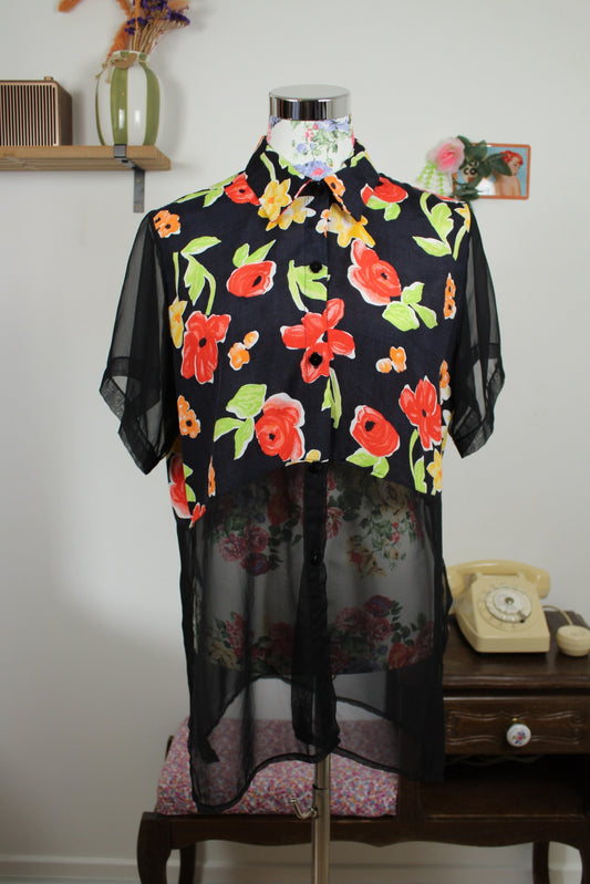 🌸🍒Chemise vintage 80/90's bi matière fleurs colorées XXL - Taille 38/40🍒🌸