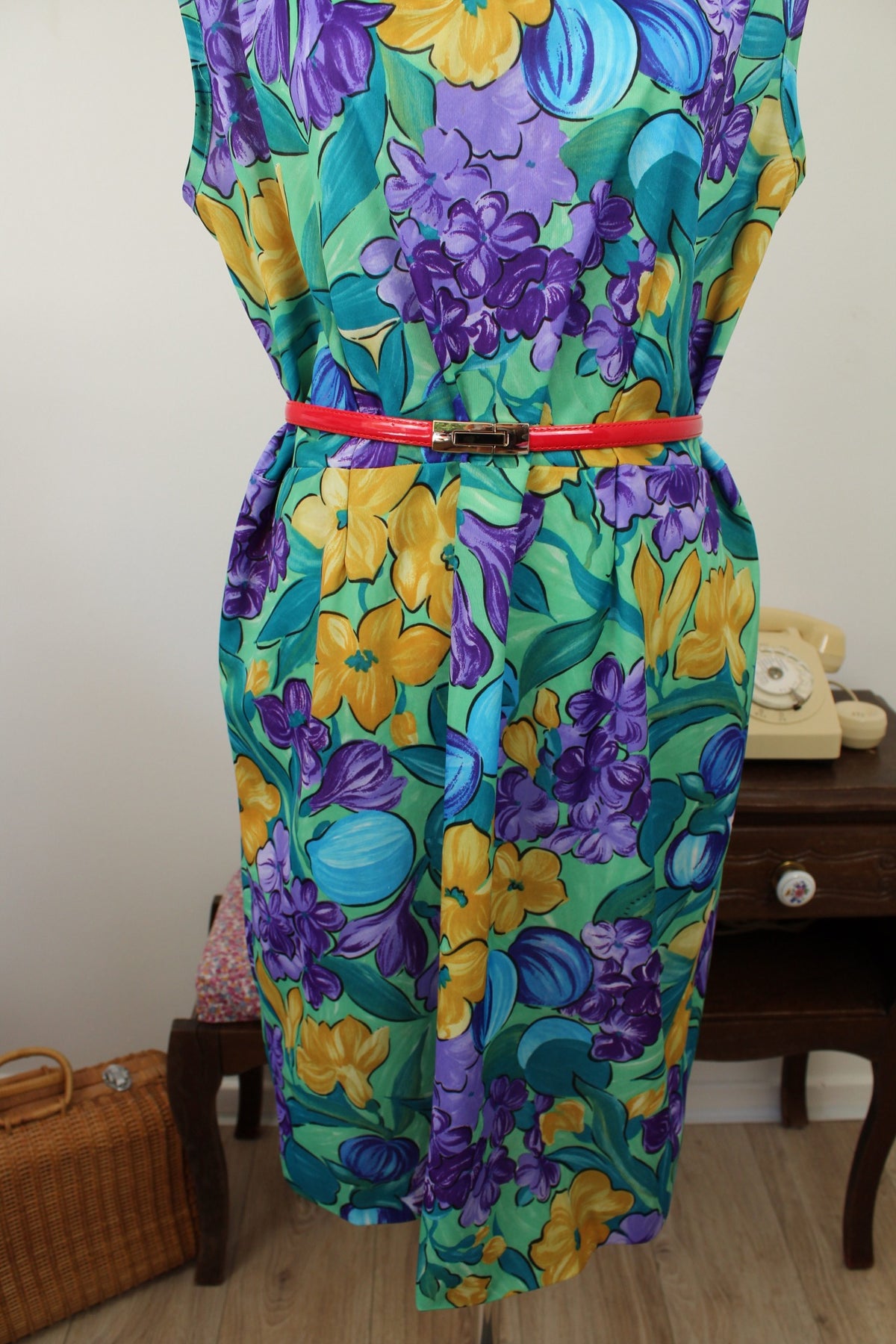 🌸🍒Robe vintage années 80/90 vert lumineux, fleurs & kiwi - Taille 44 à 48🍒🌸