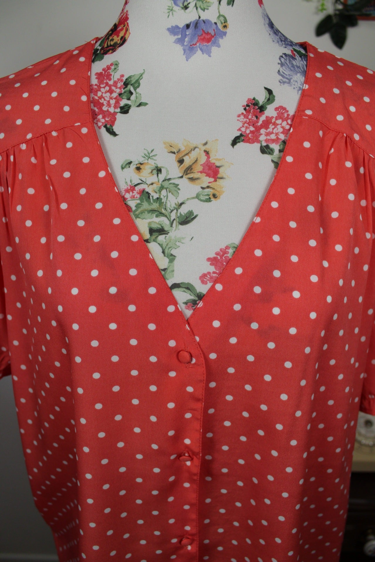 🌸🍒Blouse style rockabilly/pin-up rose corail à pois - Taille 44🍒🌸