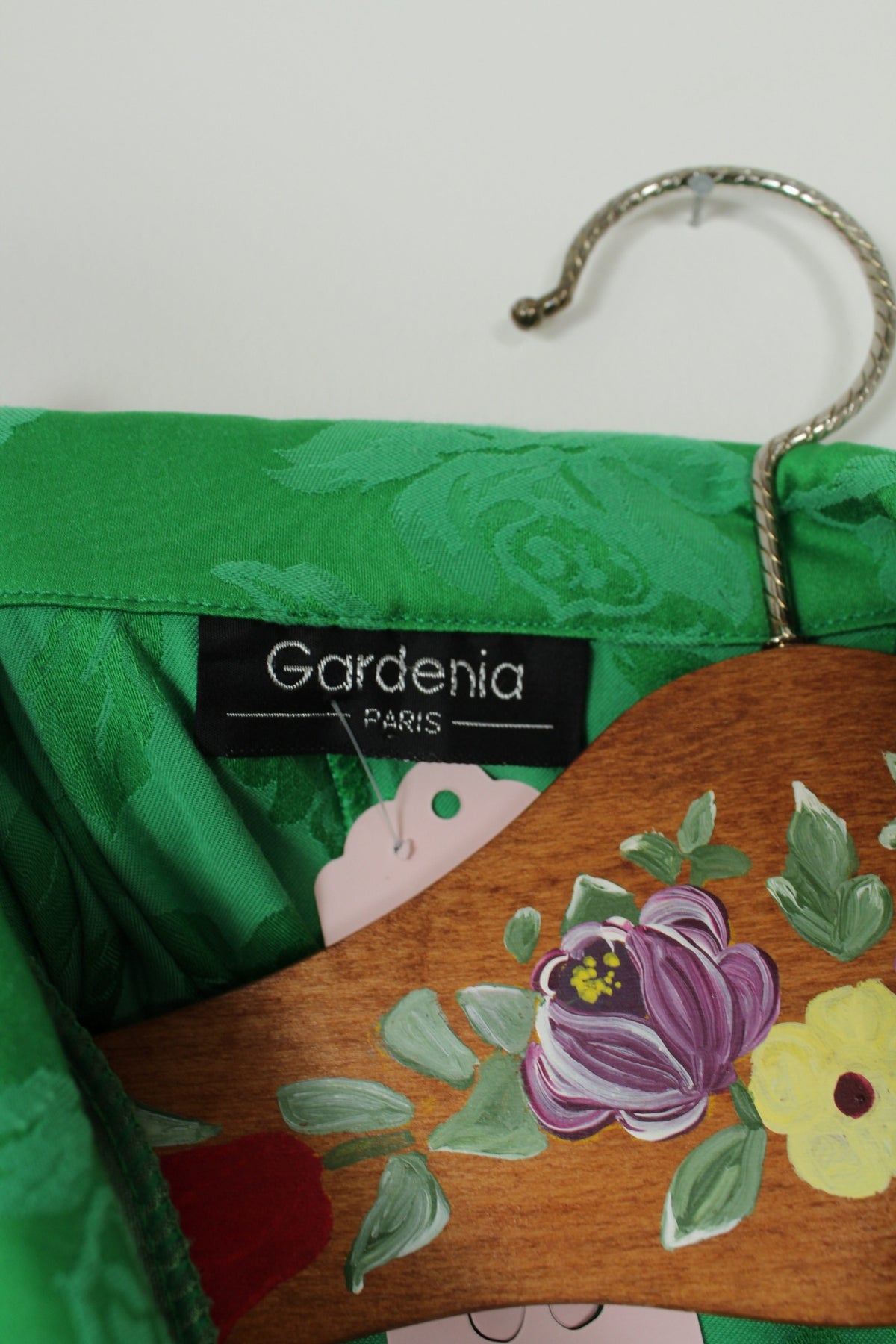 Robe vintage années 80/90 romantique vert satiné & roses ton sur ton - Taille 40