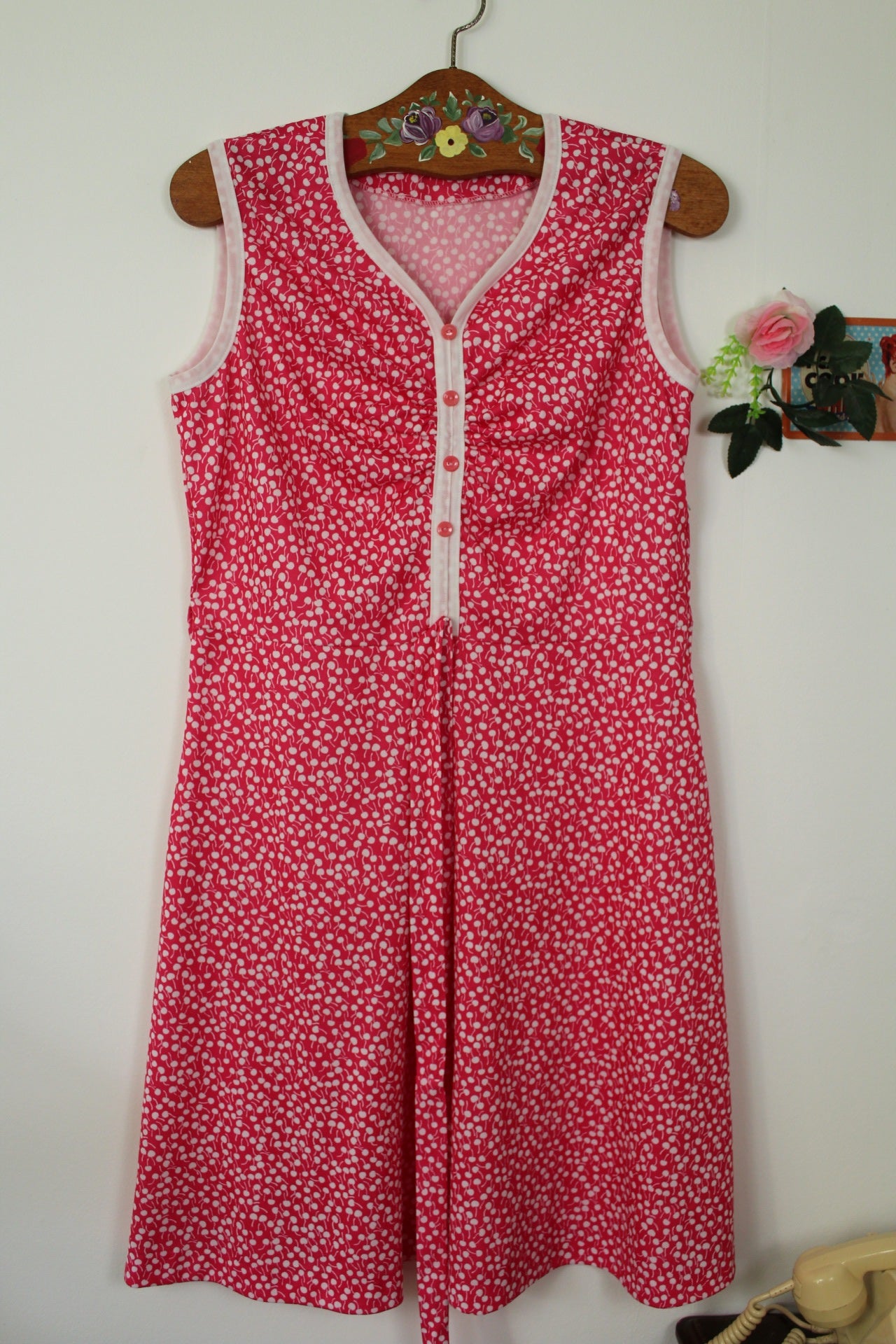 🌸🍒Robe vintage 70's rose pep's motif petites cerises style pin-up🍒🌸