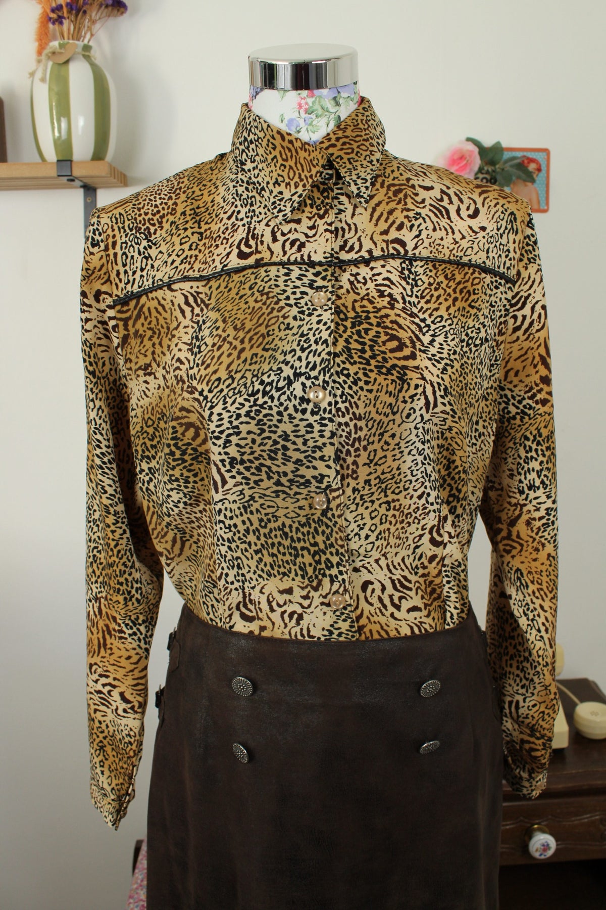 Chemise vintage années 90 imprimé animal chic léopard - Taille 42/44