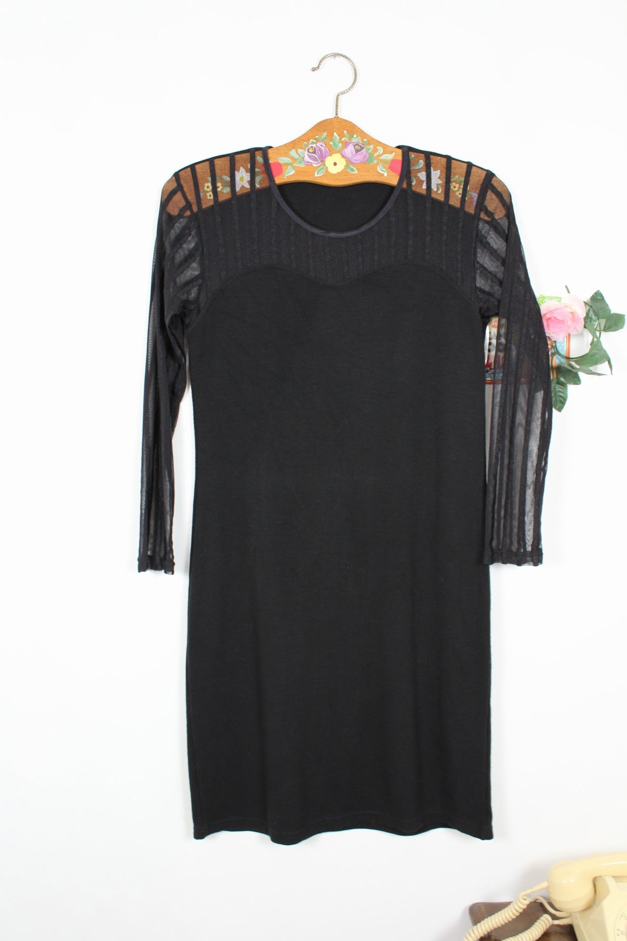 🌸🍒Robe noire vintage 90's résille rayée - buste coeur pin-up - Taille 36/38🍒🌸