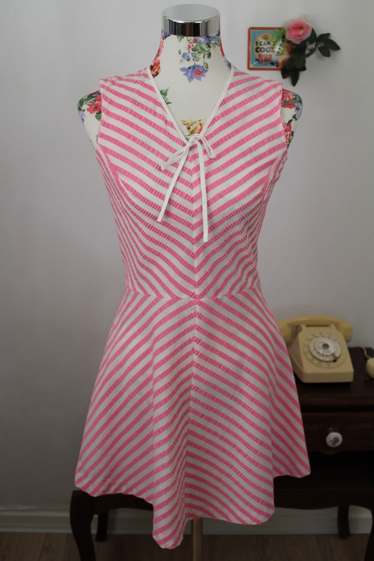 🍒🌸Robe vintage 60's en coton à rayures ondulées rose peps - Taille 36🌸🍒