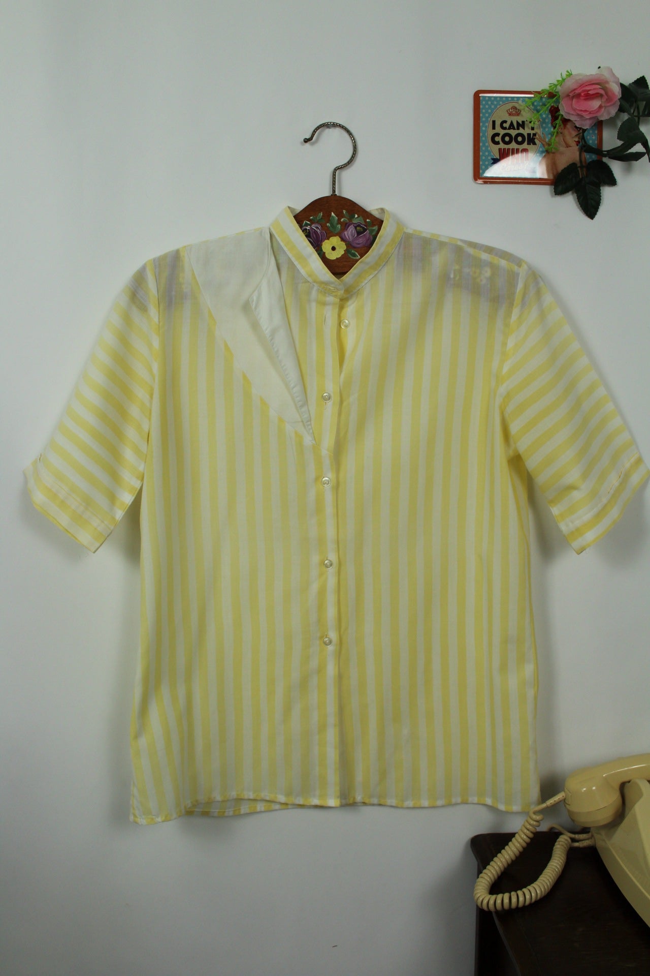 🌸🍒Chemisier jaune rayé vintage 80's col officier - T.38 ou petit 40🍒🌸