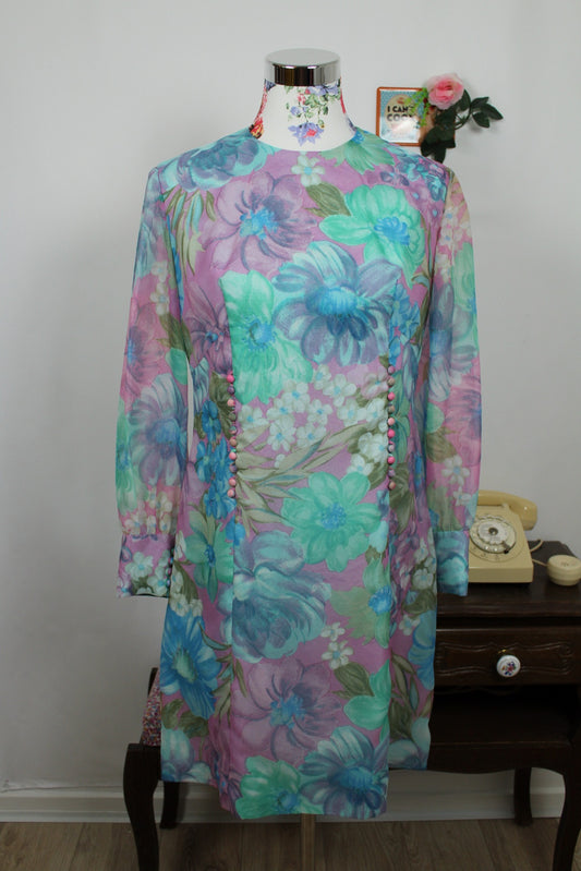 🌸🍒Robe vintage 60/70's motif floral psyché pastel - Taille 38🍒🌸