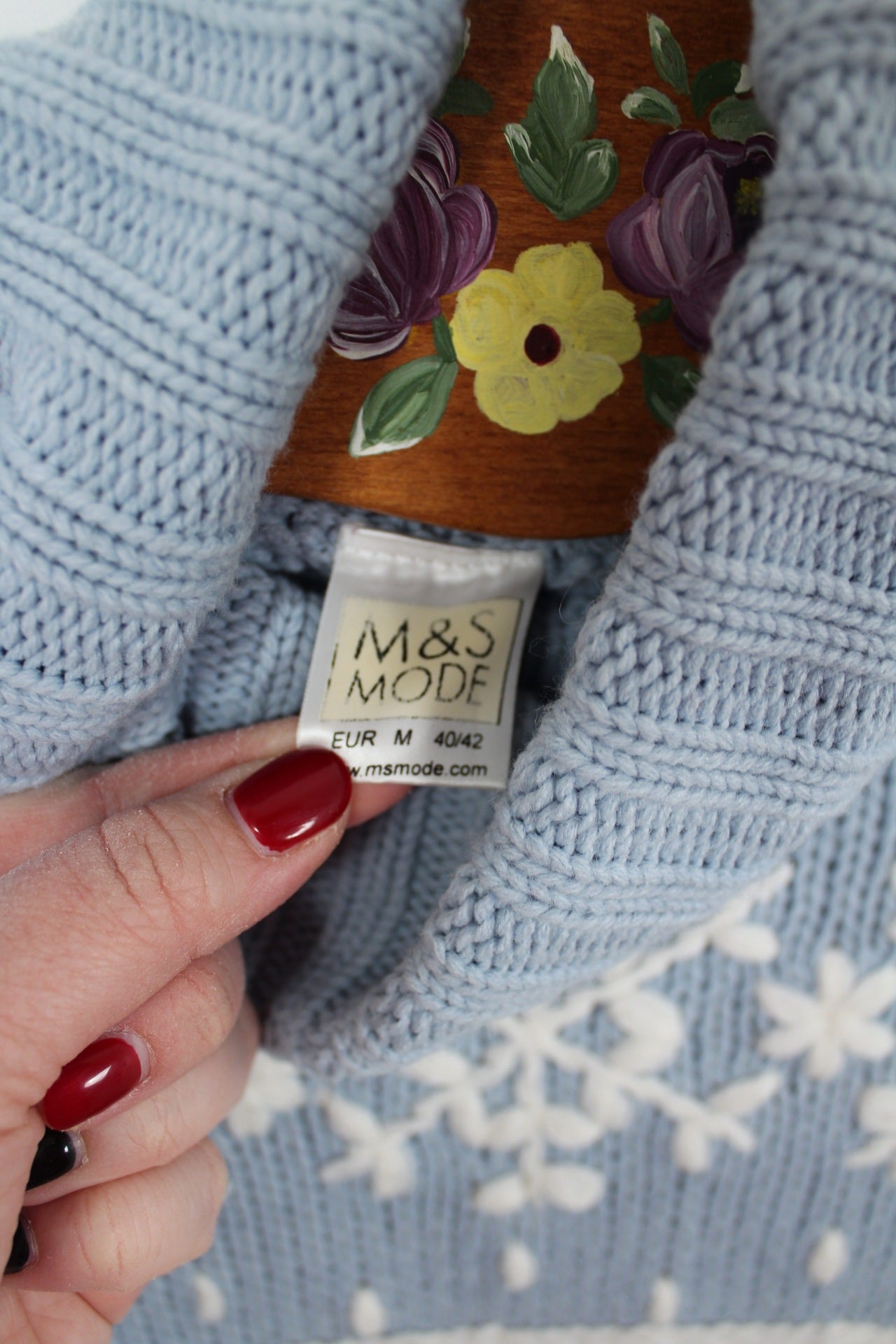 🌸🍒Pull bleu vintage années 90 col roulé & flocons - Taille 38🍒🌸