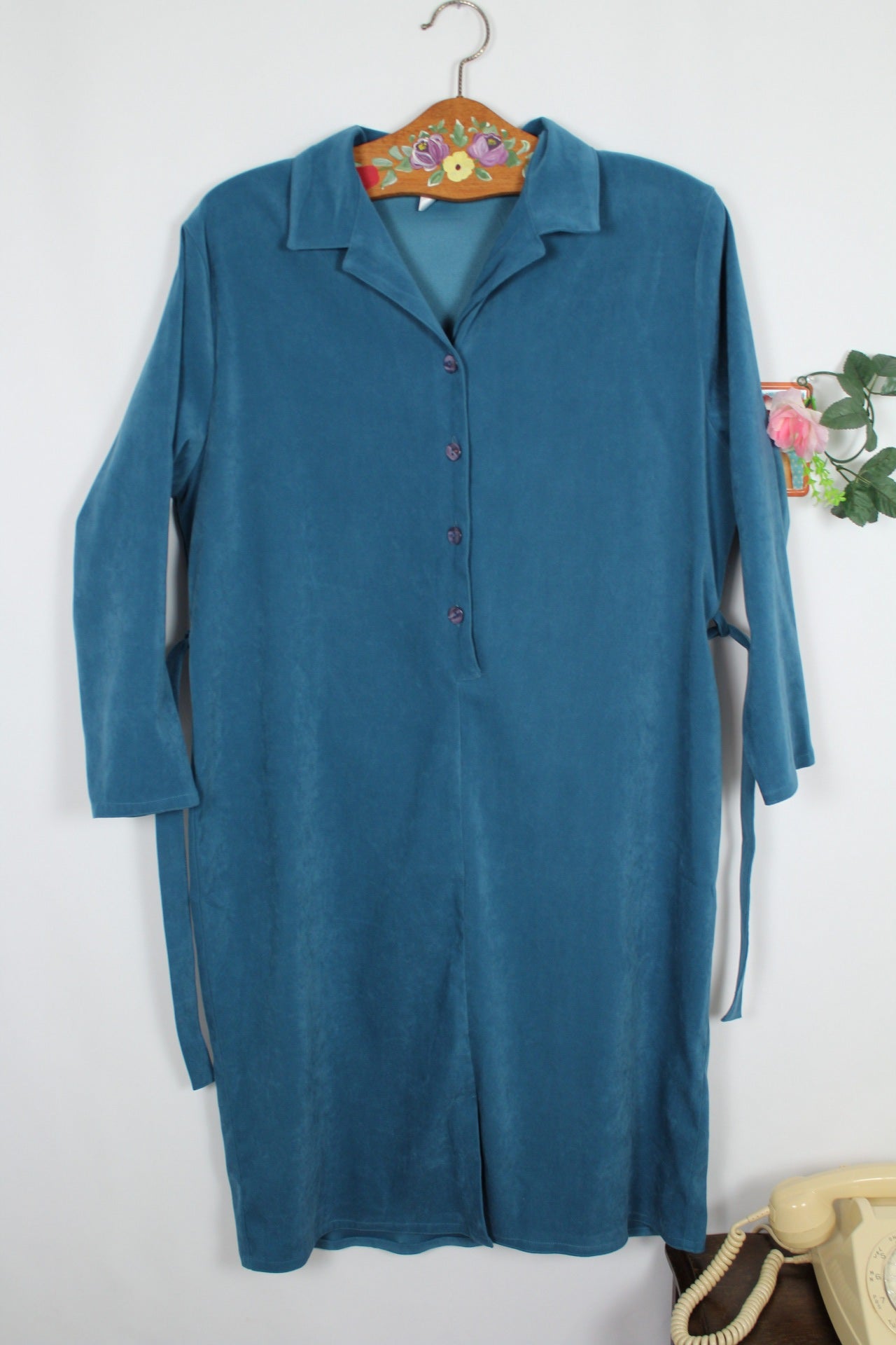 🌸🍒Robe bleu vintage velours lisse - esprit chemise ceinturée - années 90 - Taille 40/42🍒🌸