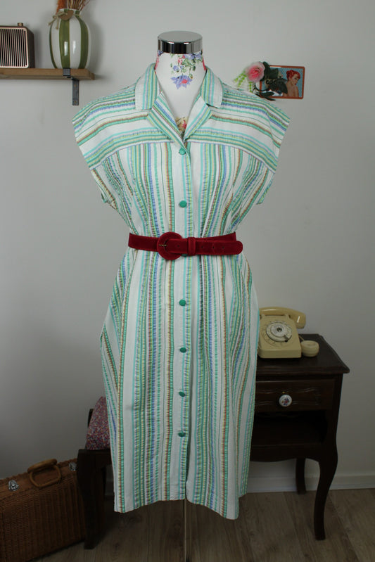 Robe vintage années 70/80 couleurs pastel & rayures ondulées - Taille 40 /petit 42