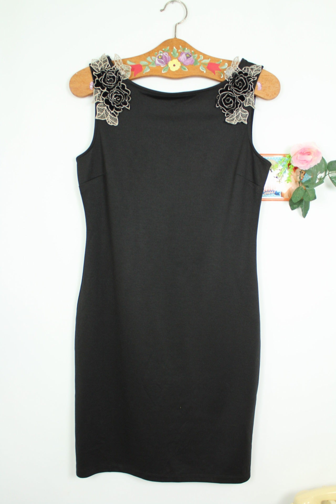 🌸🍒Robe noire Bodycon dress Yessica Y2k fin 2000s - roses en velours & feuilles dorées - Taille 38🍒🌸
