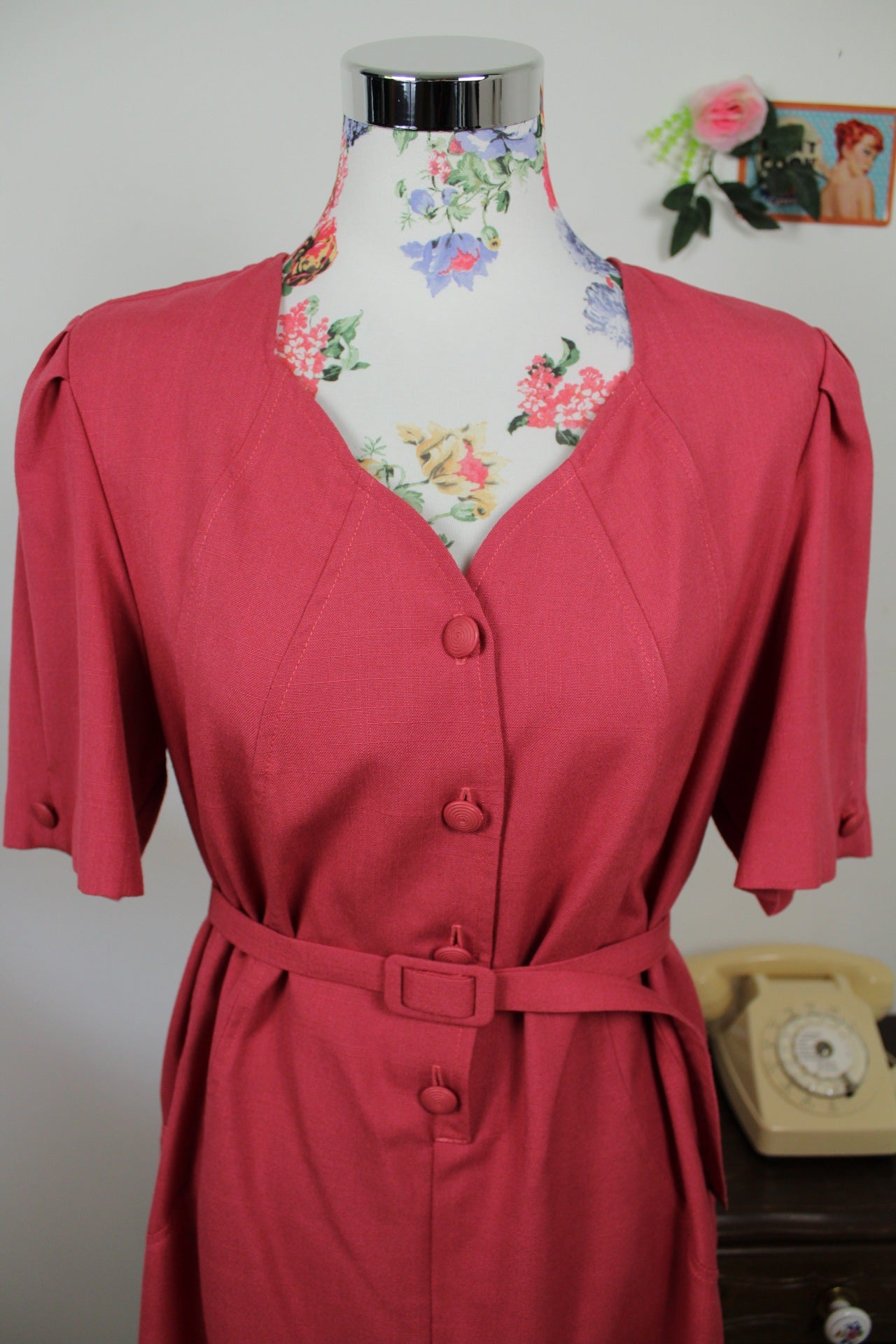 🌸🍒Robe vintage rose poudré 80's - coupe ceinturée - Taille 40/42🍒🌸