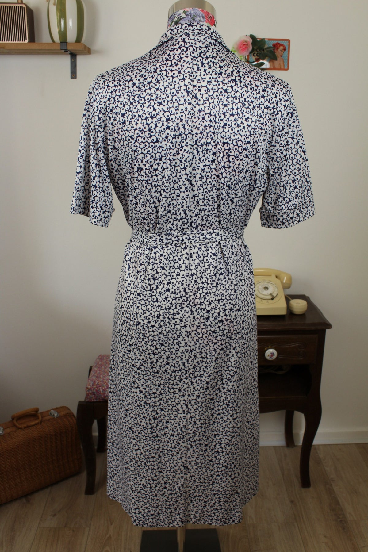 Robe chemisier vintage années 80 à pois bleu marine - pin-up chic à la française - Taille 40/42
