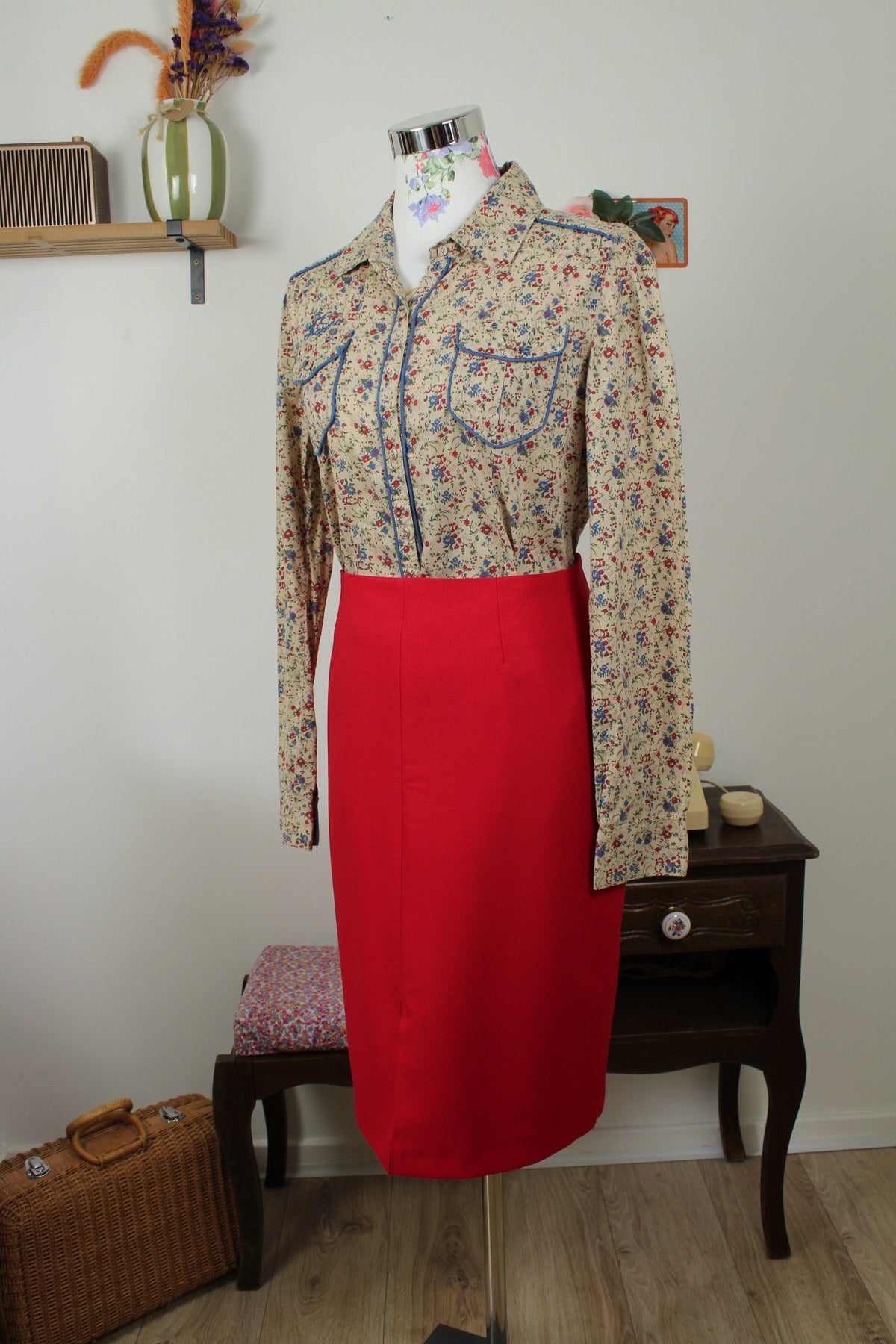 Jupe crayon vintage années 80 rouge vif - pin-up/rockabilly- Taille 38