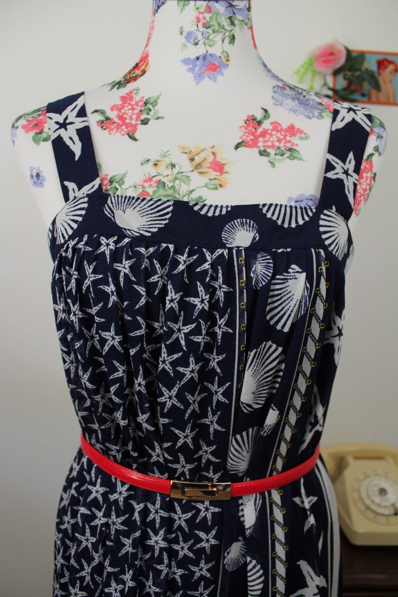 🌸🍒Robe vintage 80's imprimé marin coquillages - Navy vintage - Taille 36/38🍒🌸