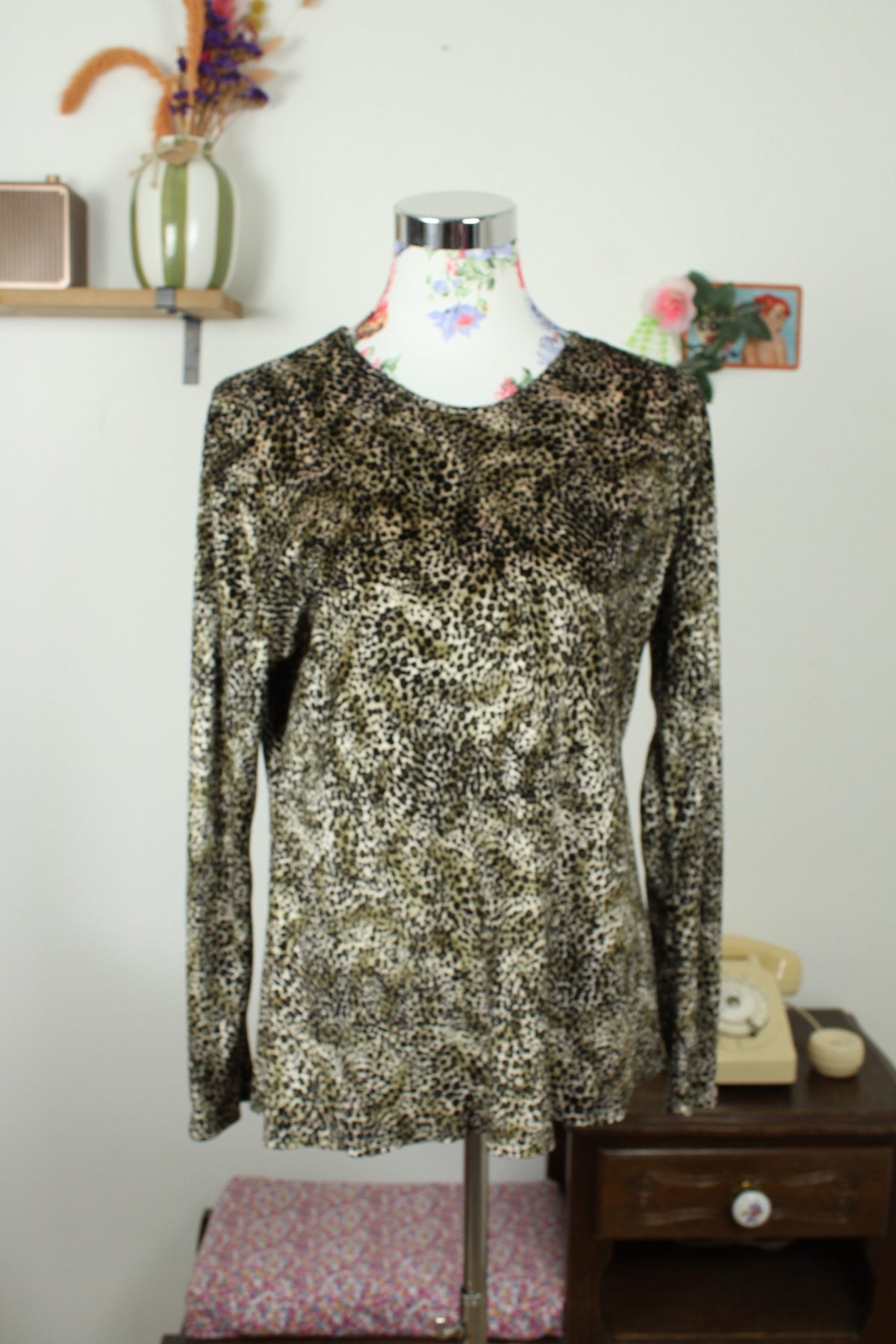 Blouse léopard vintage années 90 en velours - pin-up/rockabilly - Taille 38/40