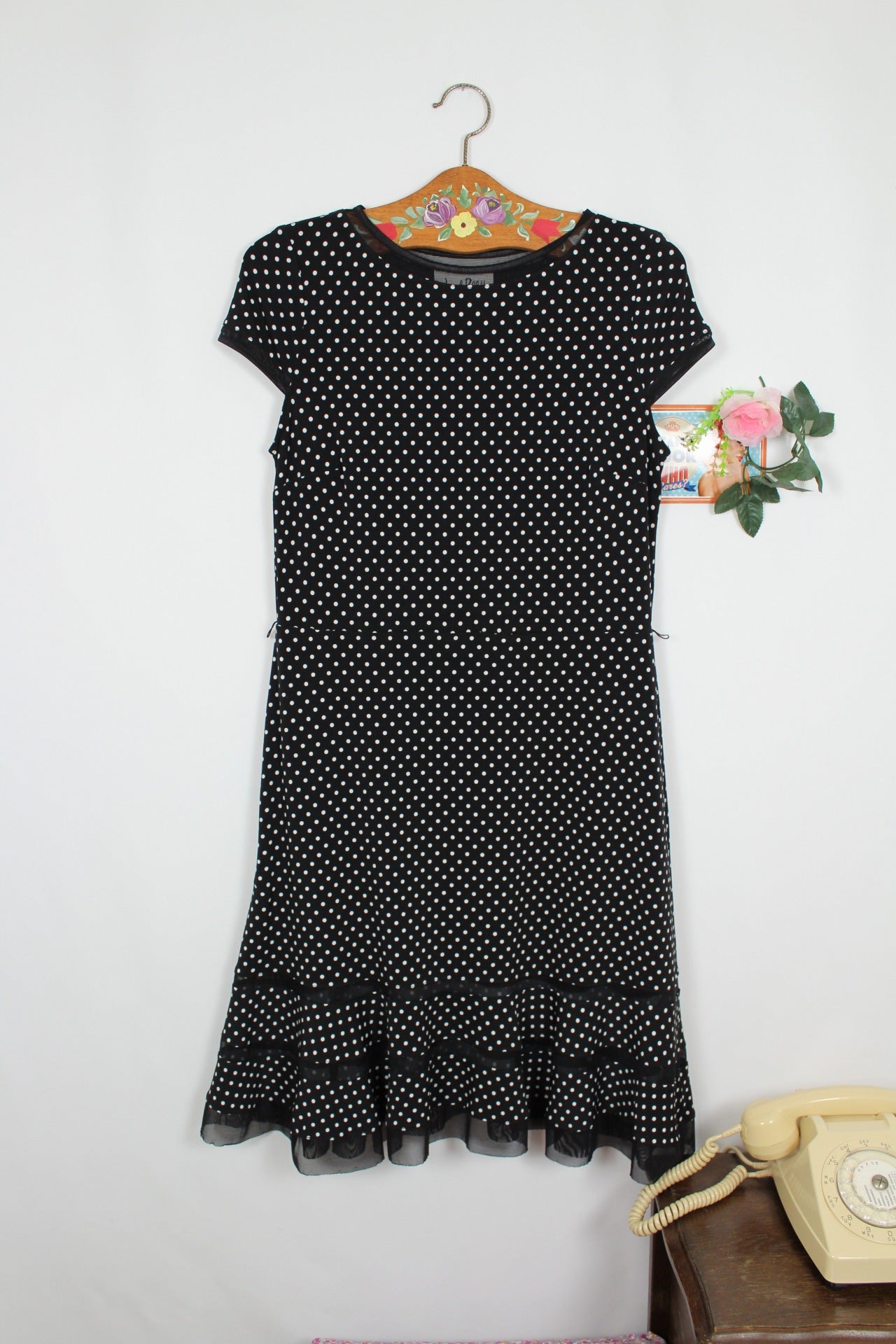 🌸🍒Robe vintage 90's noire à pois - style pin-up & volants ajourés - Joseph Ribkoff - Taille 36/38🍒🌸