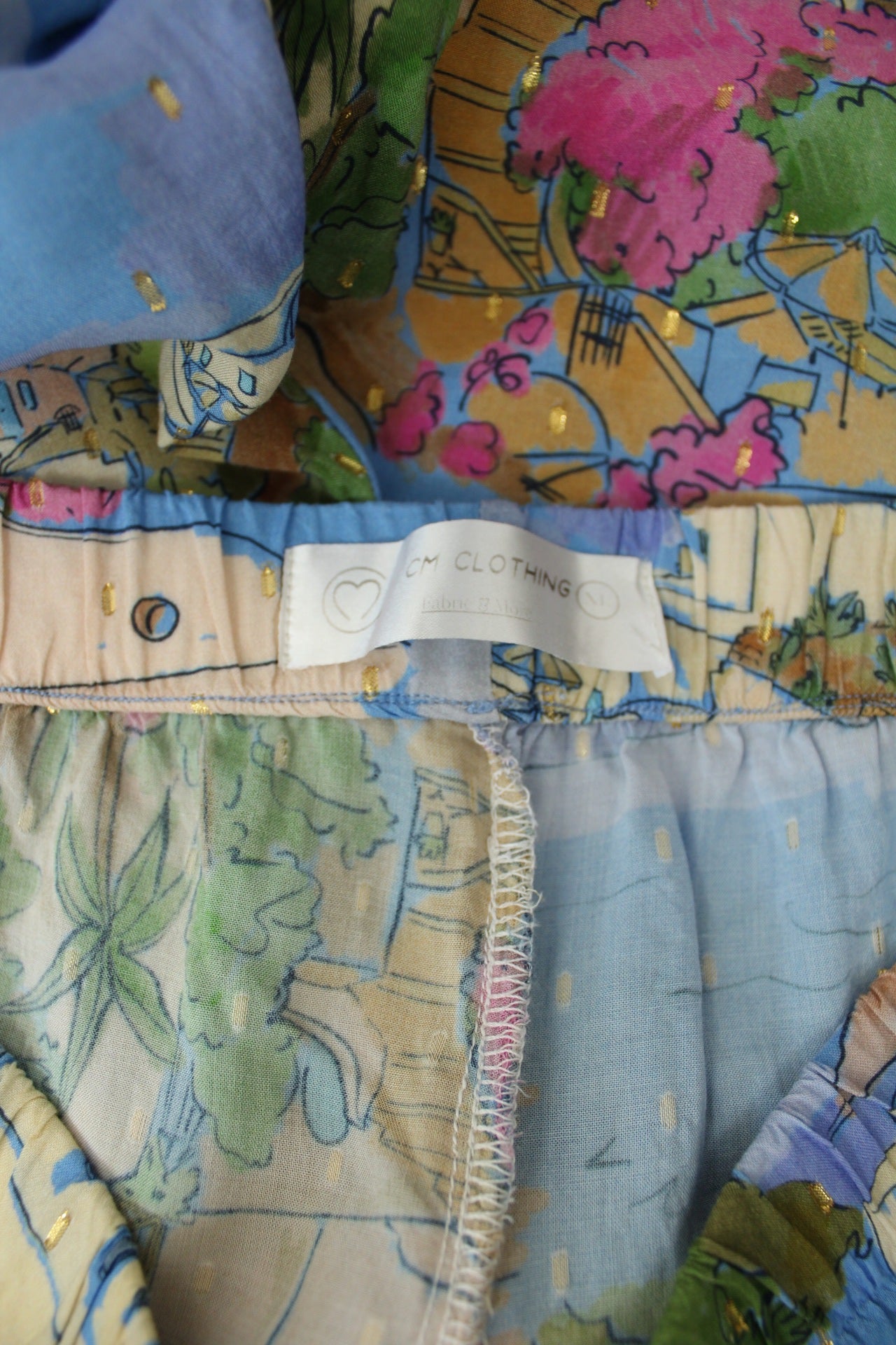 🌸🍒Pantalon fluide paysage de vacances - villages blancs & bord de mer - T.38🍒🌸