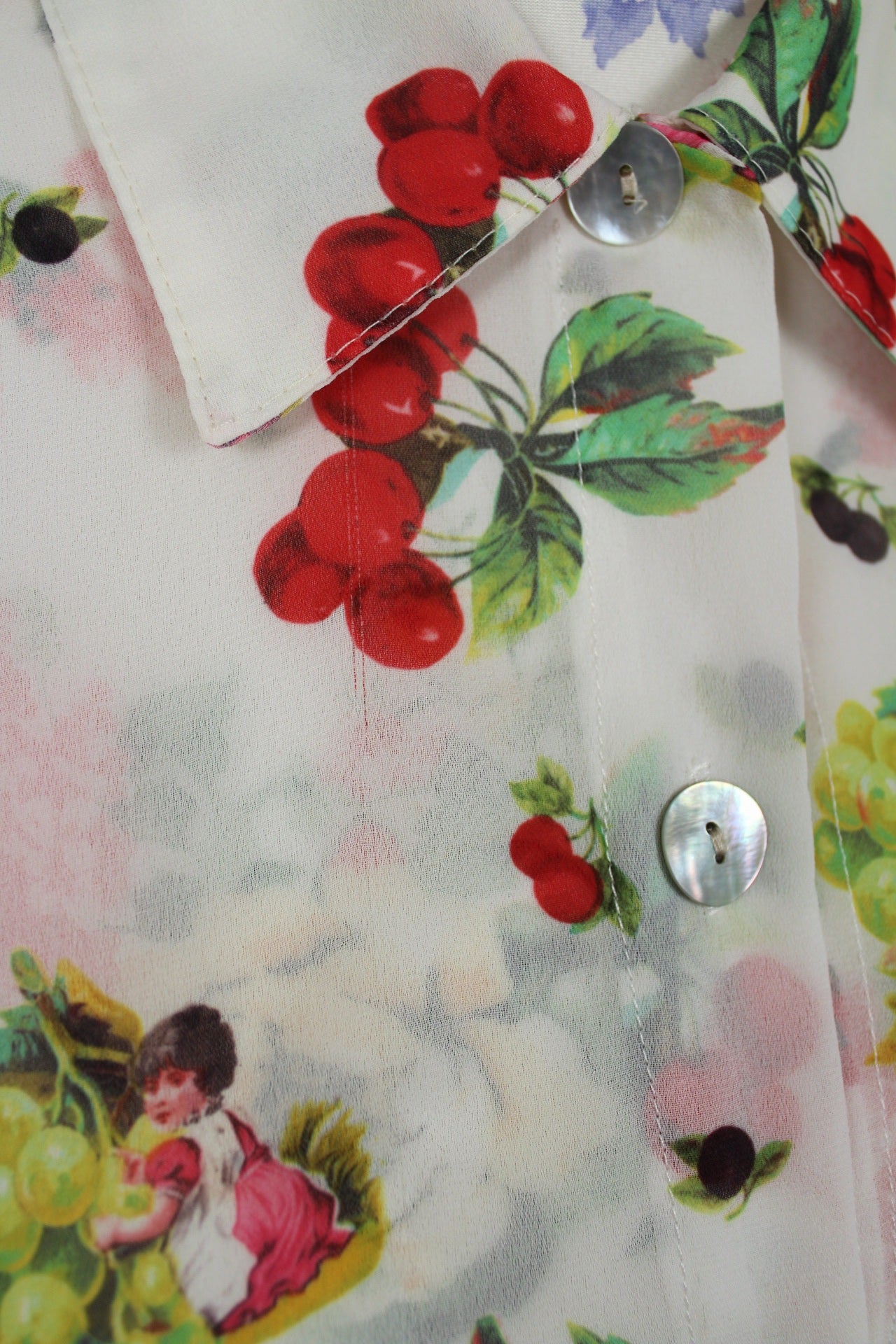 🌸🍒Chemise vintage 80/90's motifs fruits & anges romantique - Taille 38/40🍒🌸