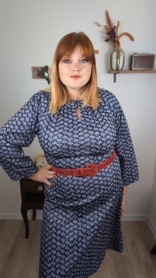 Robe vintage années 70/80 romantique bohème - bleu marine, feuilles & manches larges - Taille 40/42