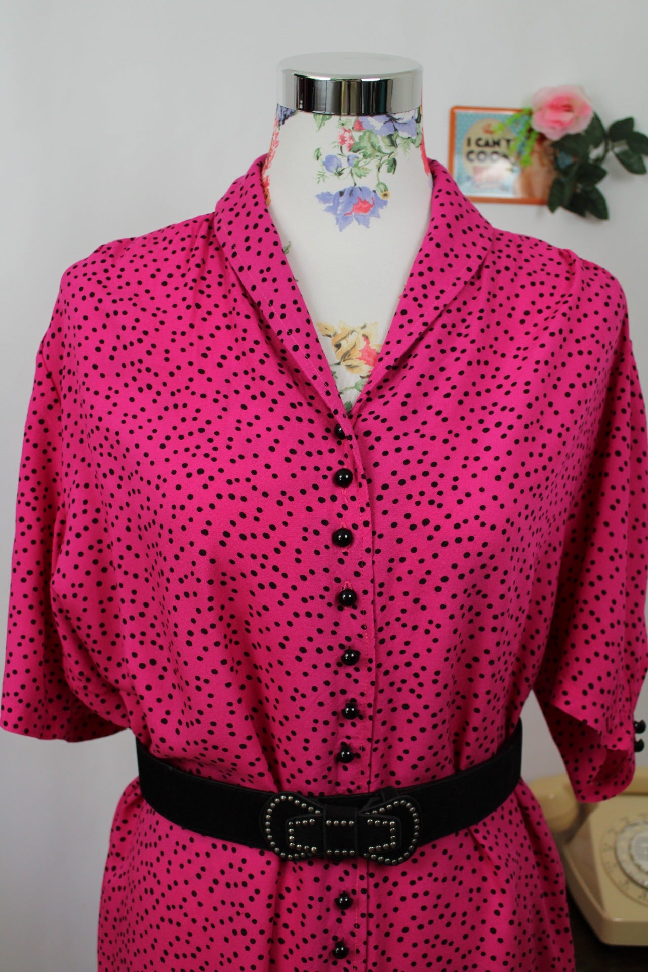 🌸🍒Robe vintage 80's rose pep's et pois style pin-up/rockabilly 50's - Taille 42/44🍒🌸