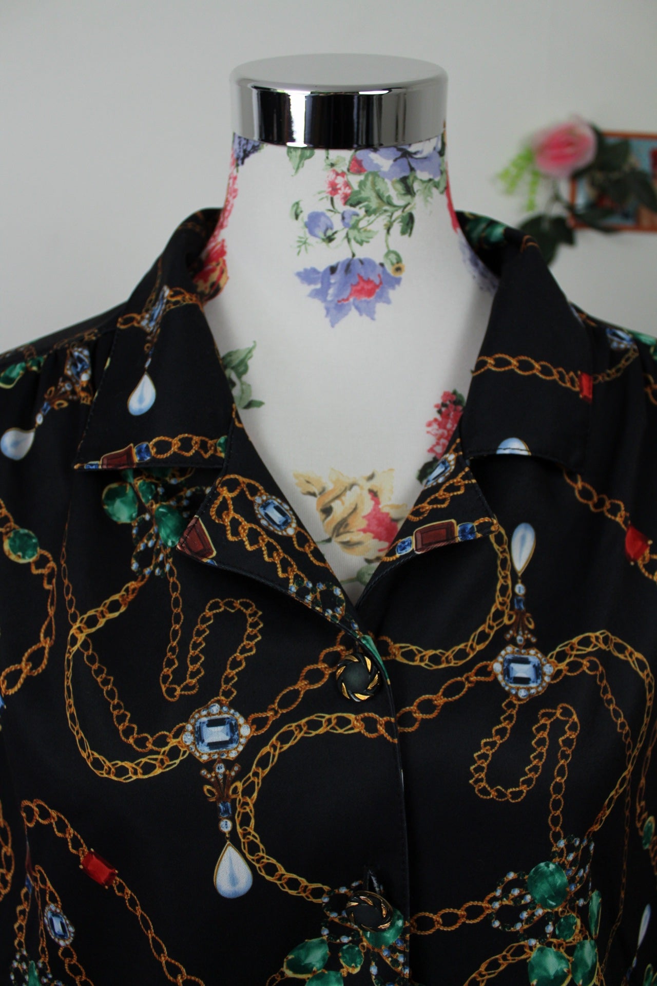 🌸🍒Blouse vintage 80/90s chaîne & bijoux col chemise - Afibel - Taille 44/46🍒🌸