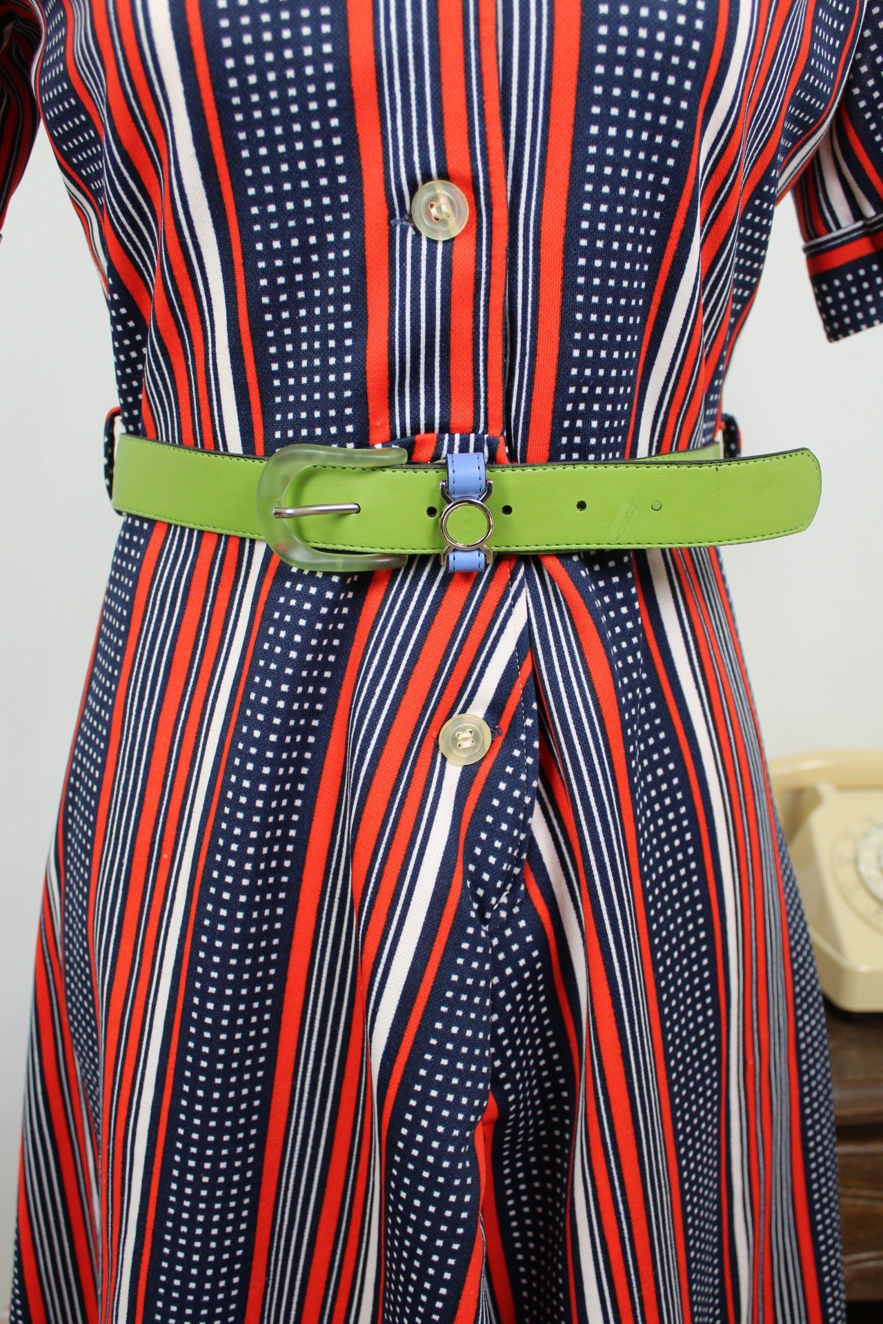 🌸🍒Robe vintage 70's Navy pin-up chic - rayures rouge/marine & pois - Taille 38🍒🌸