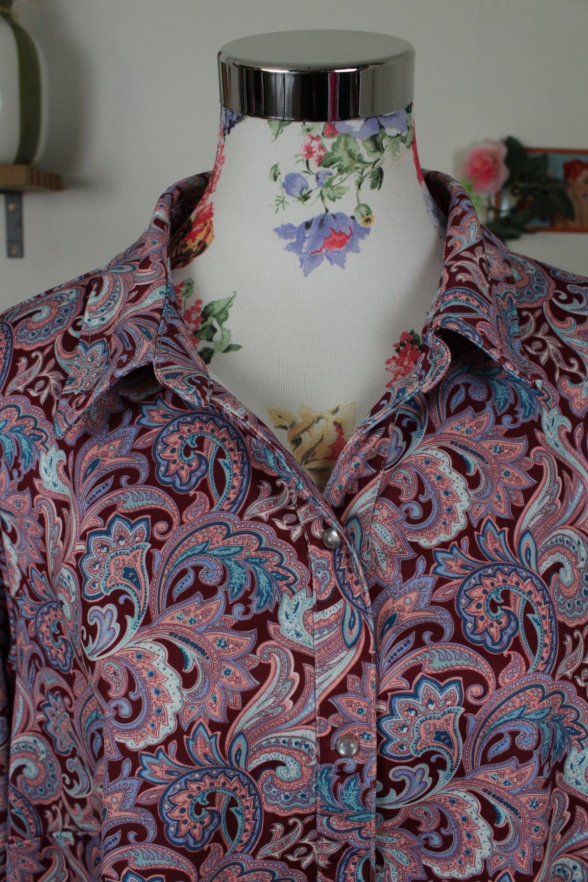 Chemise vintage années 90 fleurie baroque & boutons pressions nacrés - Taille 46/48
