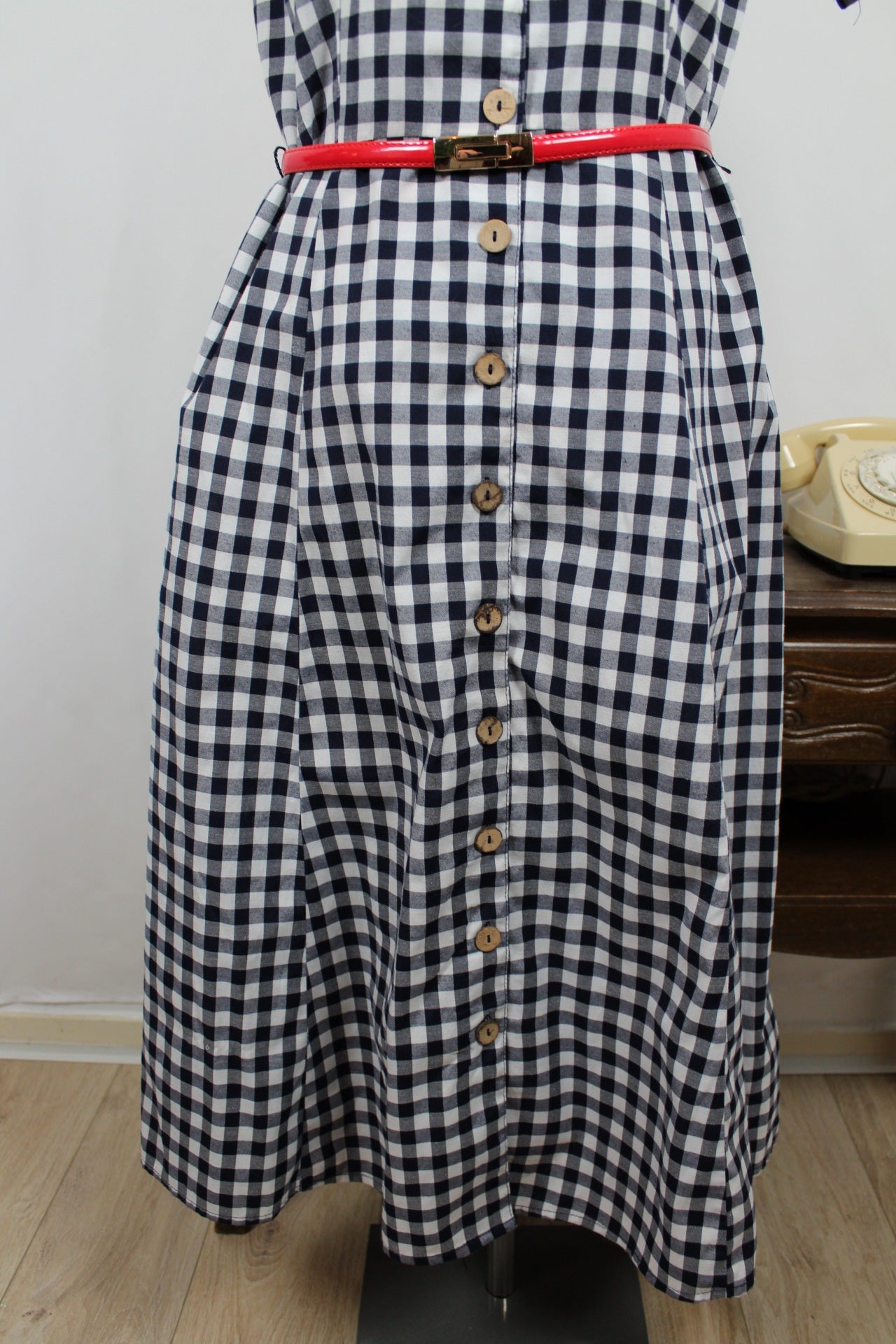 🍒🌸Robe pin-up rétro bohème vichy blanc et marine - boutons en bois - made in India - Taille 40/42🌸🍒