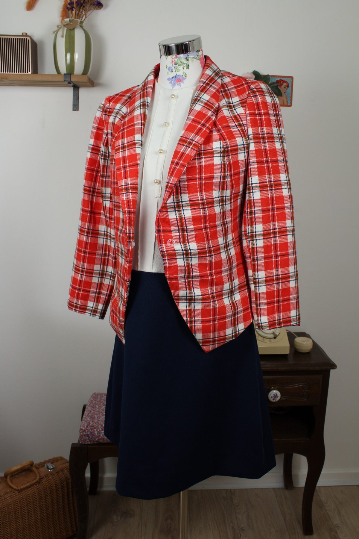 Veste vintage années 80 carreaux tartan rouge & blanc - à deux pans pointus - Taille 38