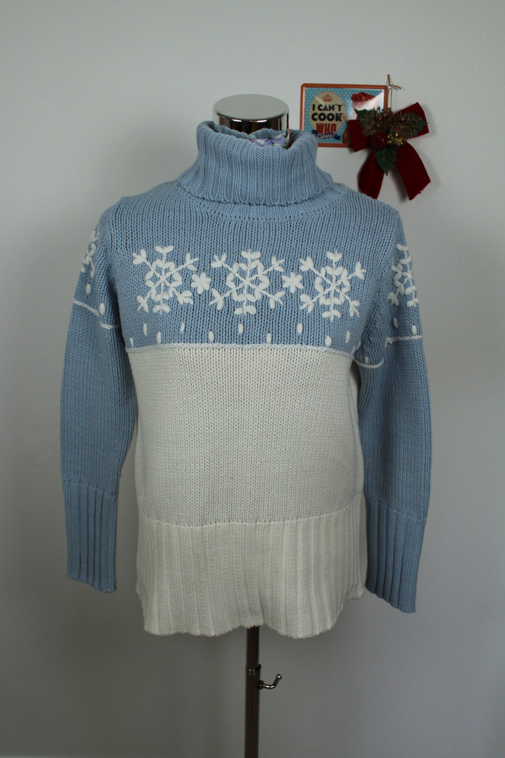 ✨Pull bleu vintage années 90 col roulé & flocons - pull de Noël✨
