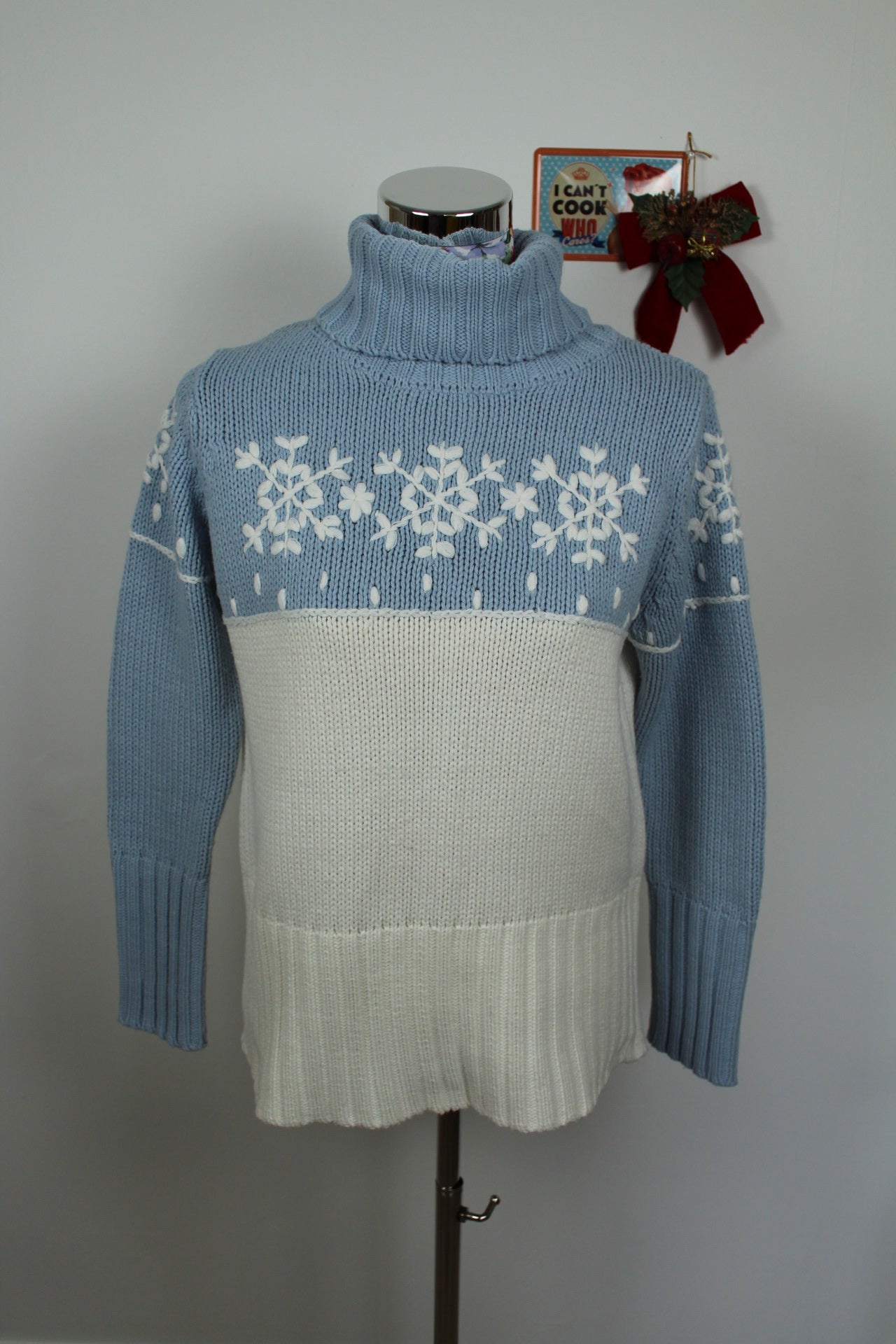 ✨Pull bleu vintage années 90 col roulé & flocons - pull de Noël✨